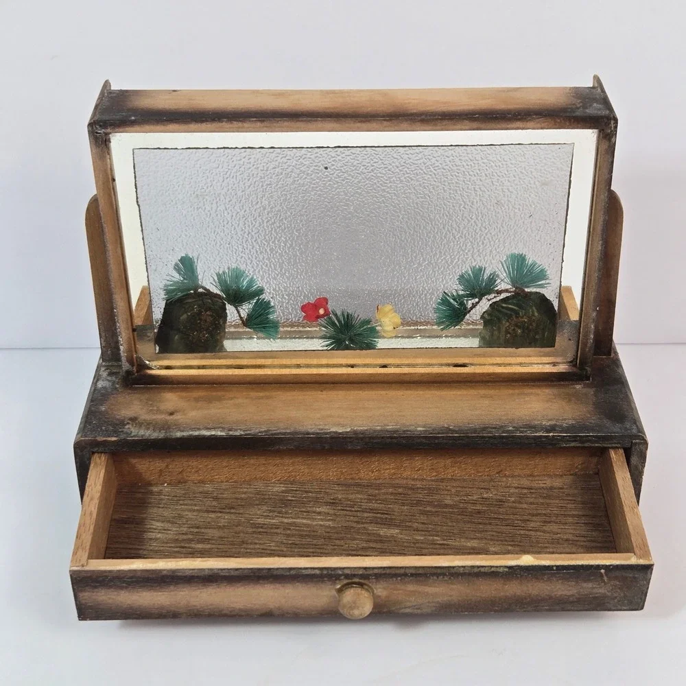 Vintage Wooden Jewelry Box Diorama Mirror Miniature Pine Tree Trinket Drawer 7in